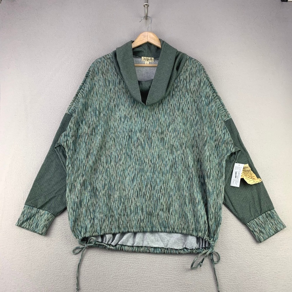 One‎ World Cowl Neck Pullover Women XL Green Boho Space Dye Drawstring Hem NWT
